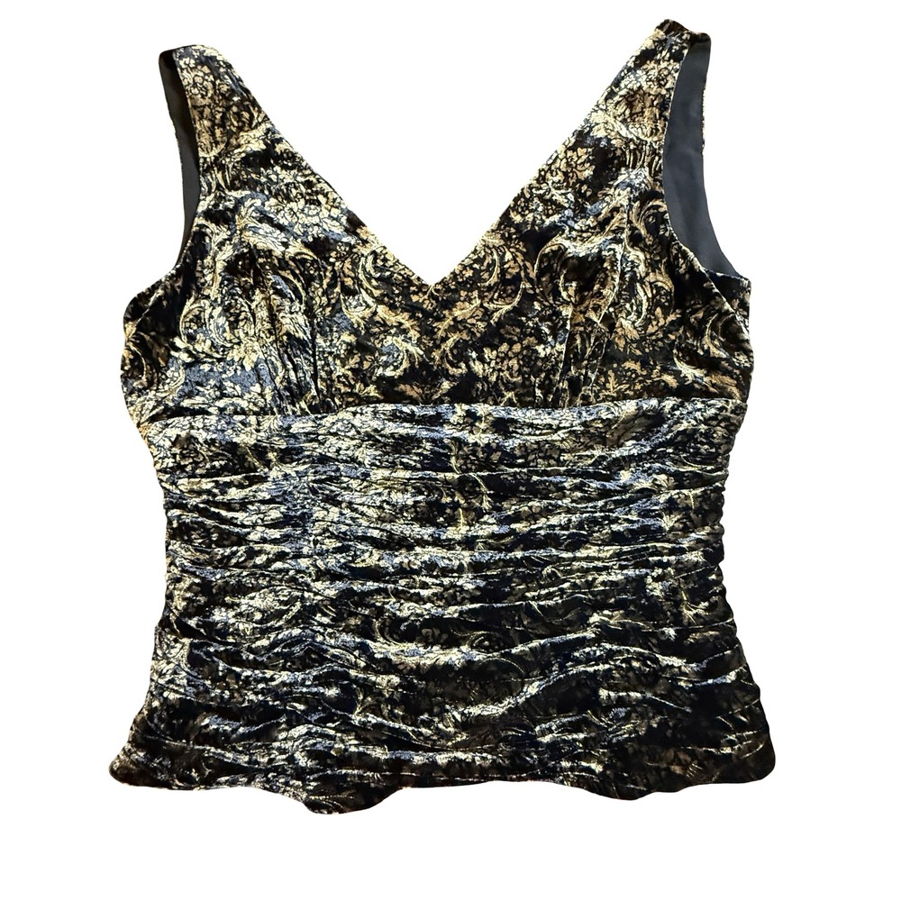 Adrianna Papell Boutique Gold Velvet Damask Ruched V-Neck Silk Blend Top 10